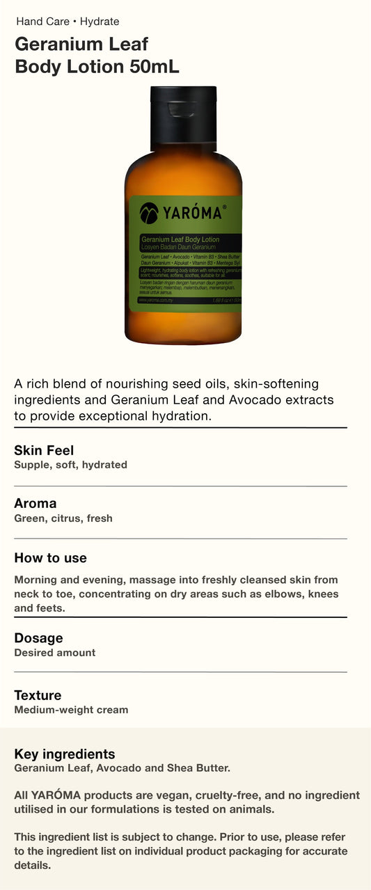 YAROMA Geranium Leaf Essential Oil Avocado Shea Butter Body Lotion 50 ML