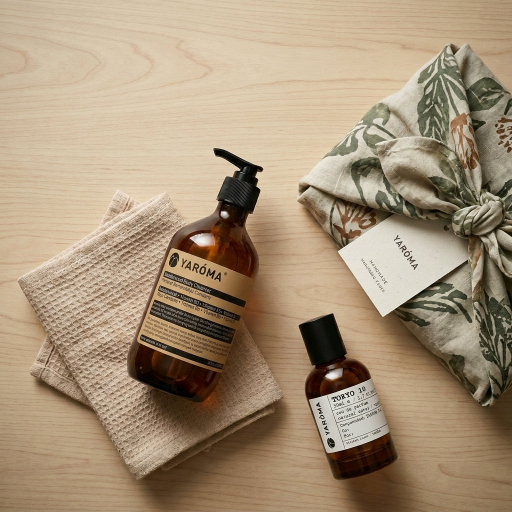 YARÓMA Body Care — lifestyle flat lay of body cleanser and linen
