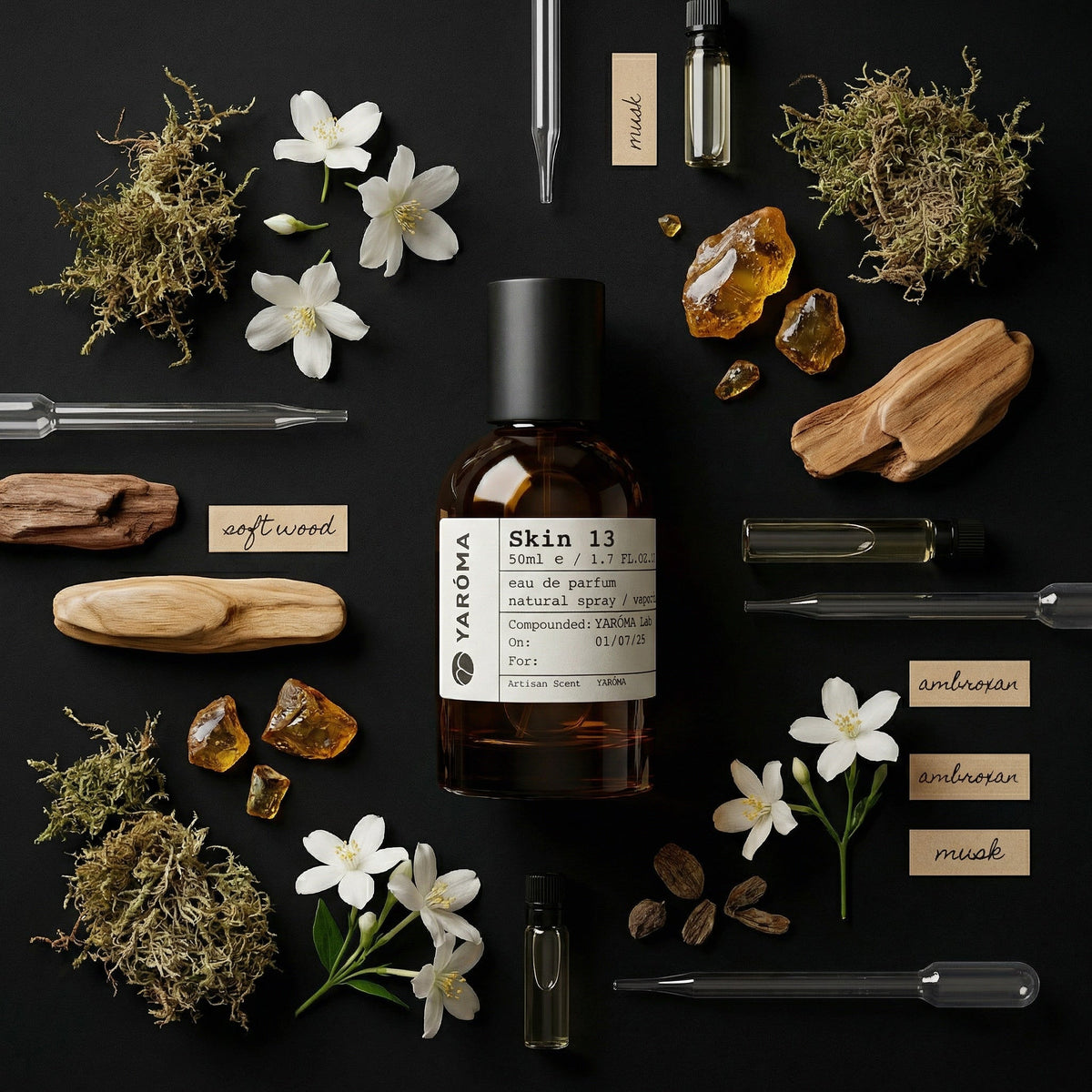 YARÓMA Niche Fragrance collection — editorial flat lay of ingredients and bottle