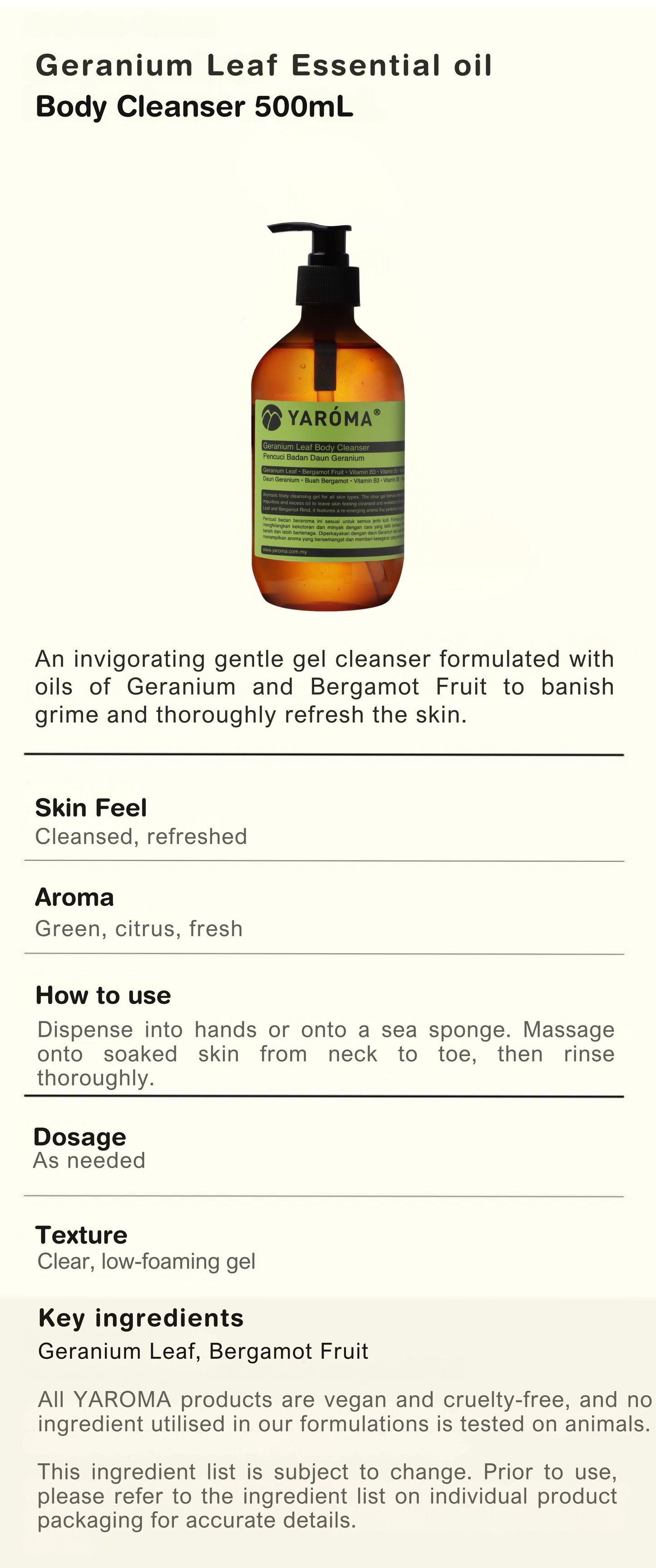 YAROMA Geranium Leaf & Bergamot Fruit Essential Oil Body Cleanser