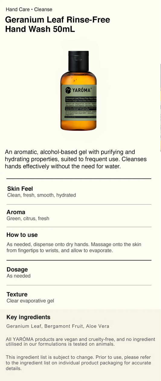 YAROMA Geranium Leaf Essential Oil Rinse-Free Hand Wash Sanitiser Antibacterial 50 ML