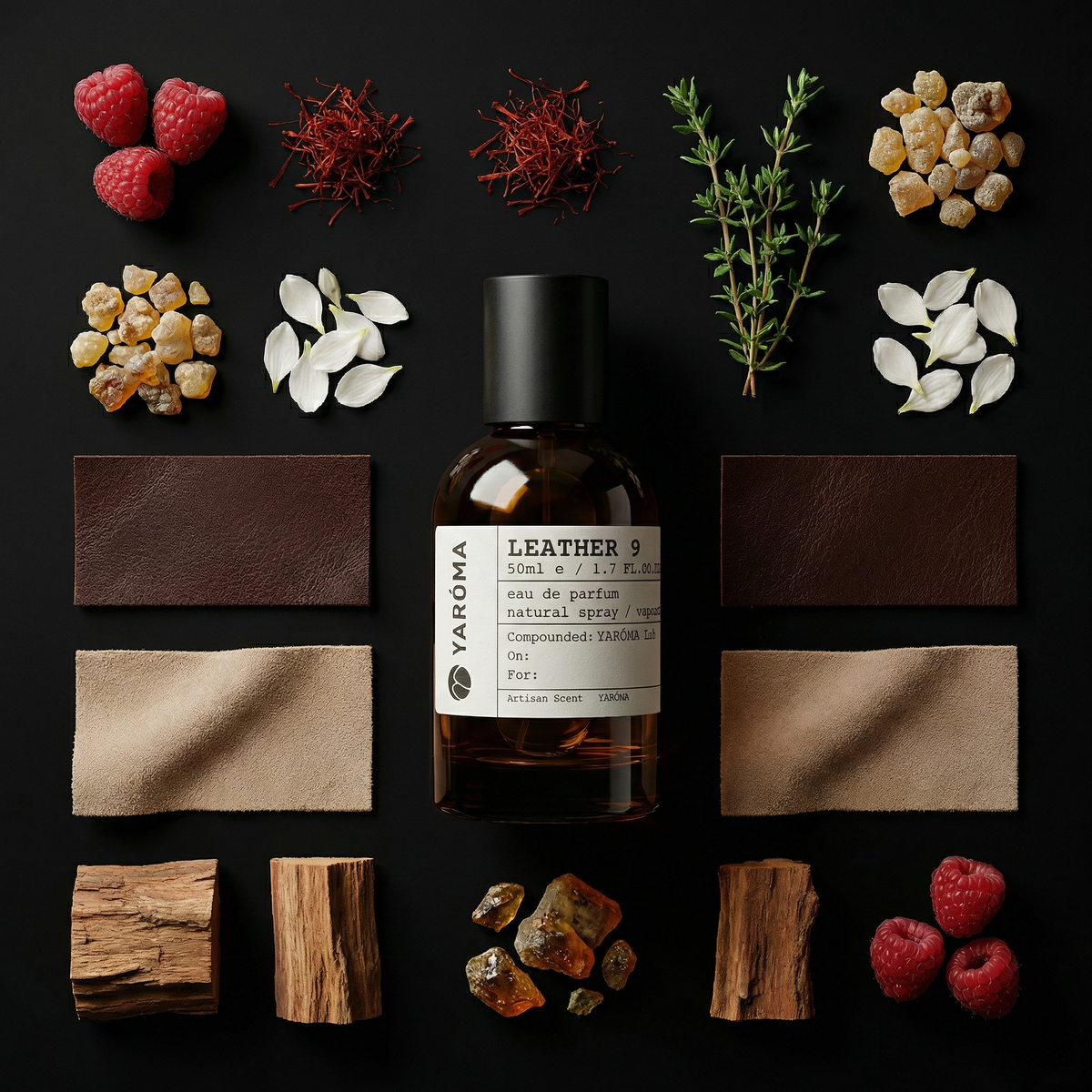 YARÓMA Leather 9 Eau de Parfum editorial flat lay