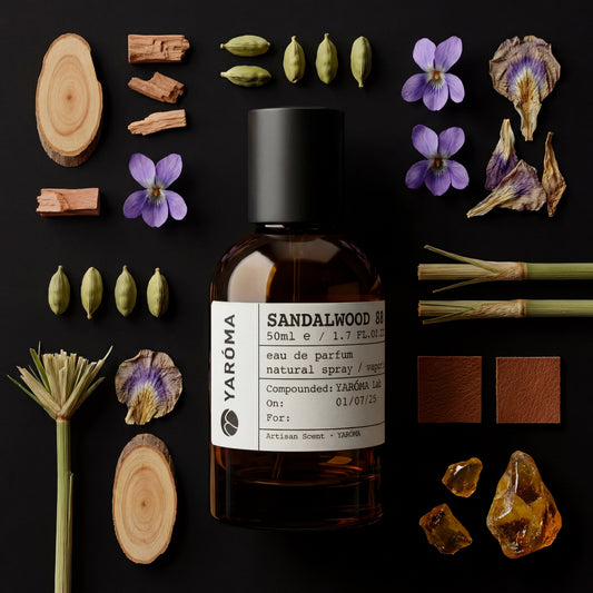 YARÓMA Sandalwood 88 Eau de Parfum editorial flat lay with sandalwood, cardamom and leather ingredients