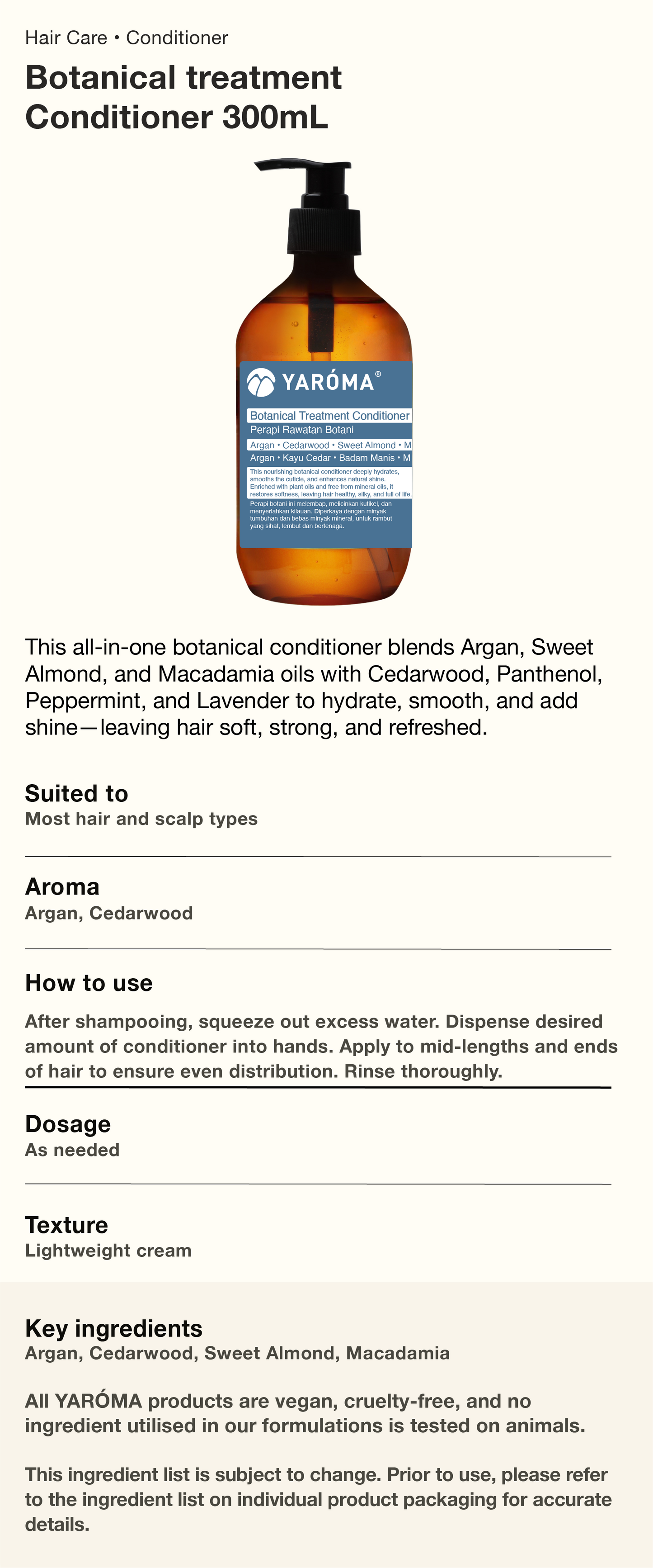 YAROMA Botanical Treatment Conditioner Hydrating | Smoothing | Silicone-Free Natural Care