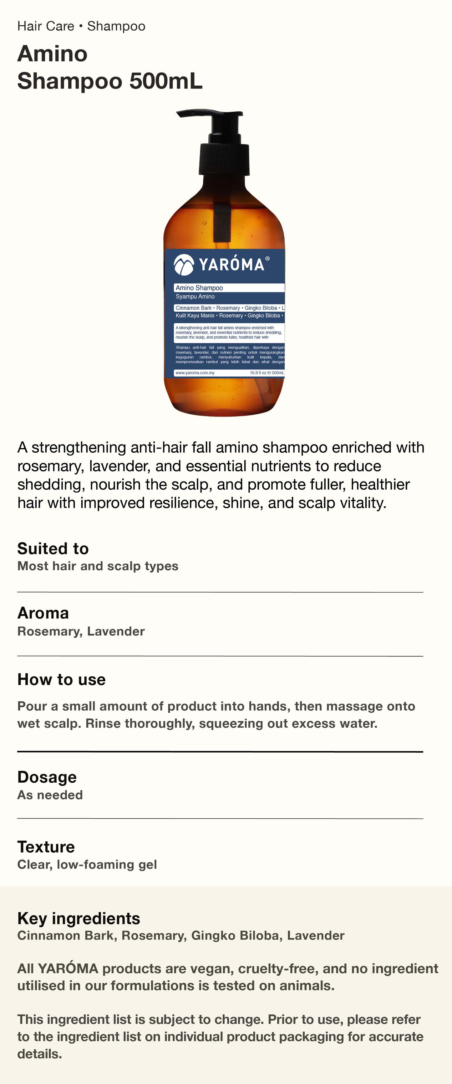 YAROMA Amino Shampoo Hair Fall Control | Scalp Refreshing | Rosemary & Lavender