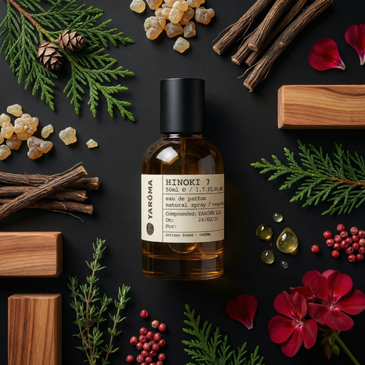 Yaroma Hinoki 7 perfume bottle surrounded by natural elements on a dark background