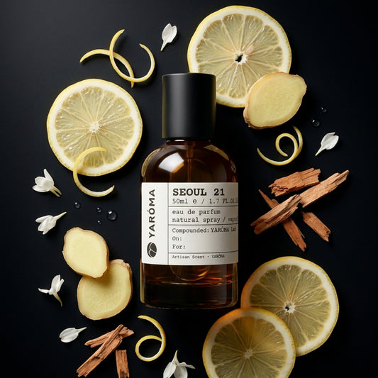 YARÓMA Seoul 21 Eau de Parfum editorial flat lay with citrus and cedar