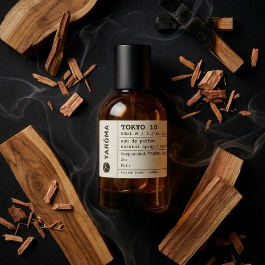 YARÓMA Tokyo 10 Eau de Parfum editorial flat lay with smoky guaiac wood