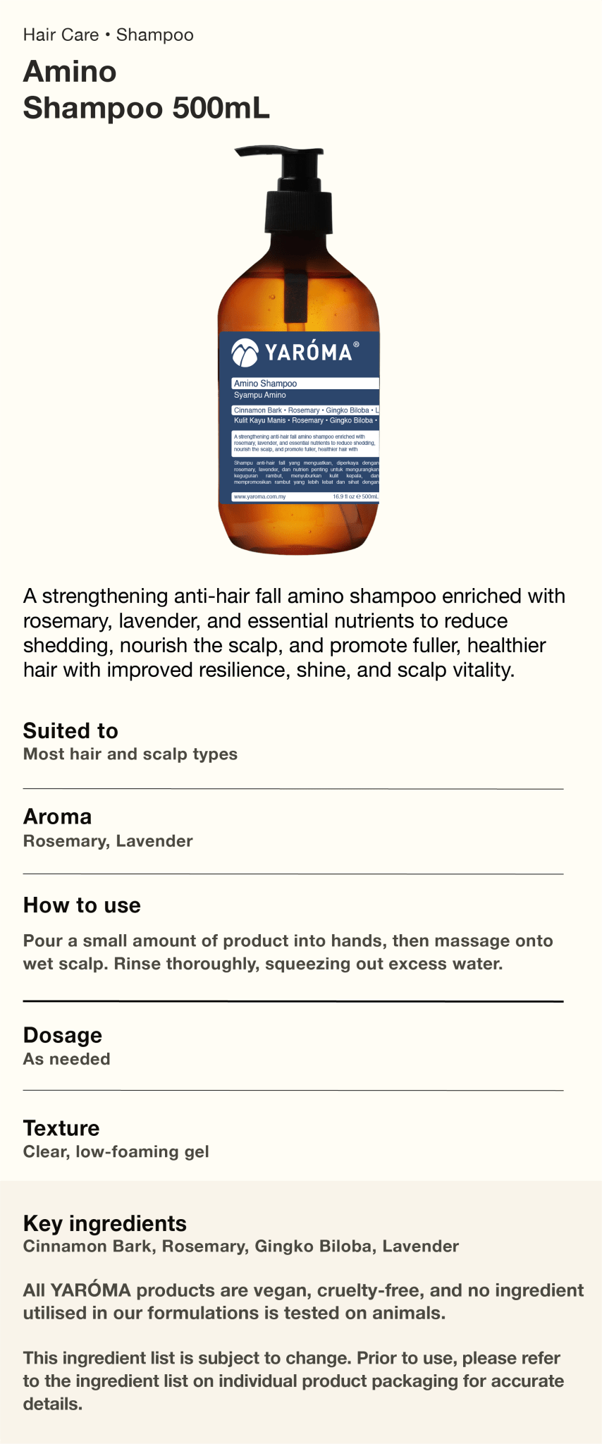 YAROMA Amino Shampoo Hair Fall Control | Scalp Refreshing | Rosemary & Lavender - YARÓMA Malaysia