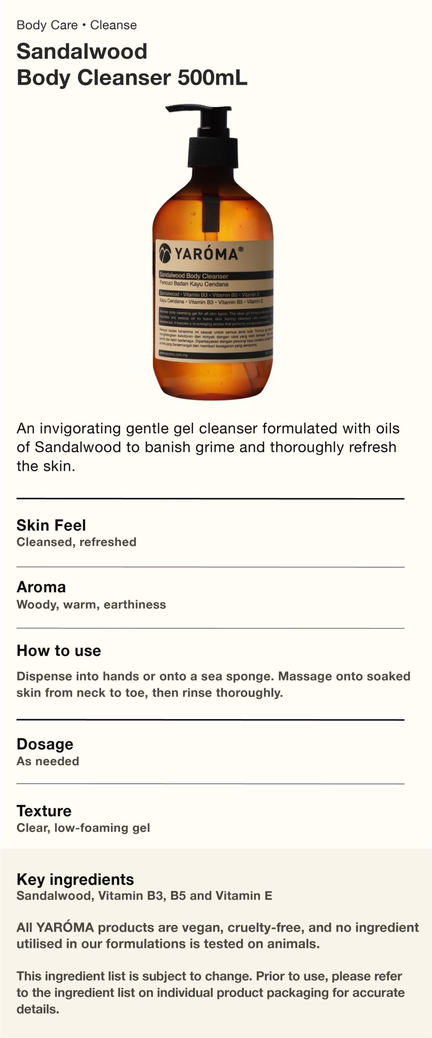 YAROMA Sandalwood Nutritious Nourishing Luxurious Body Cleanser - YARÓMA Malaysia