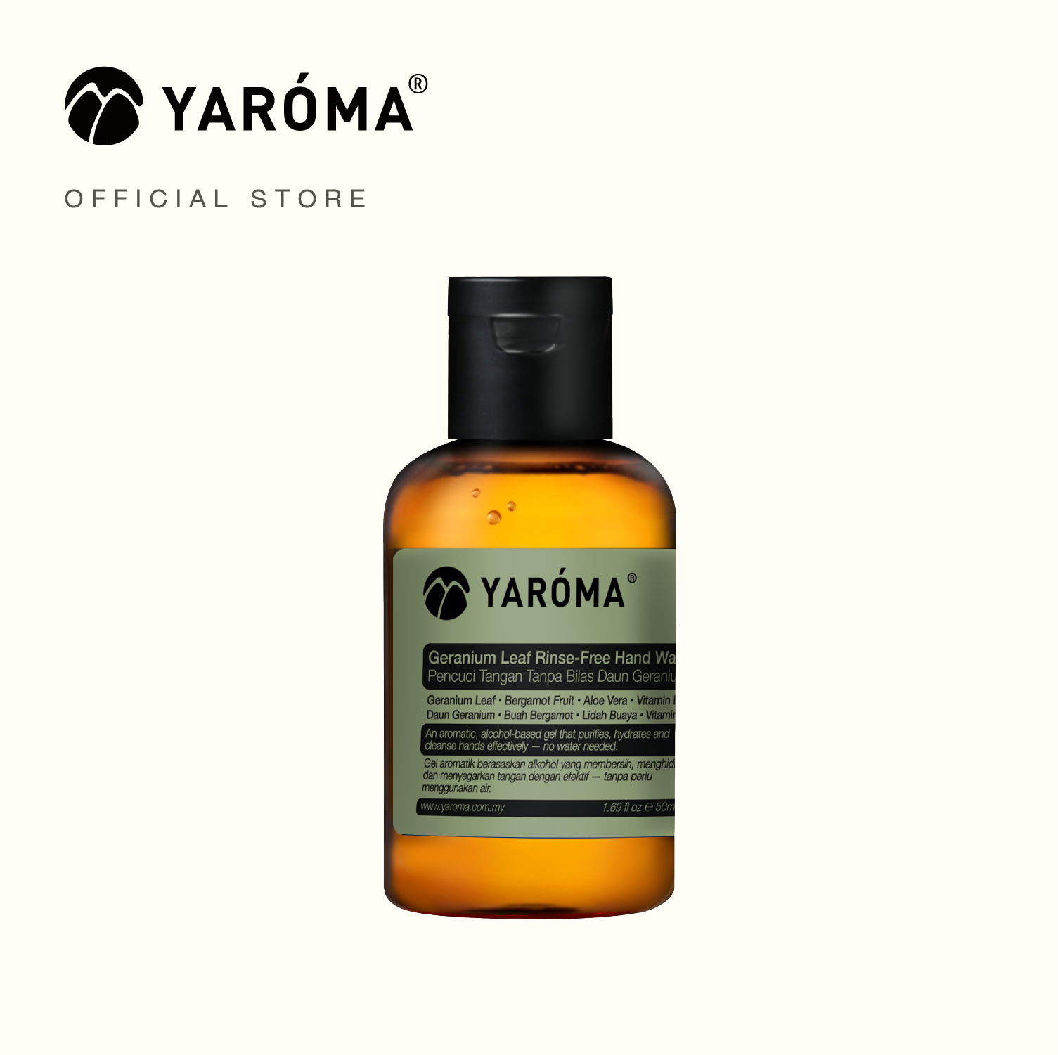 yaroma geranium leaf rinse-free hand wash 50ml bottle front view